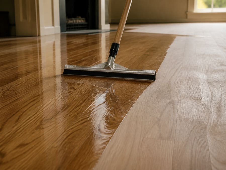 Finish pulled across an oak floor with a wide applicator, a clean wet edge behind it
