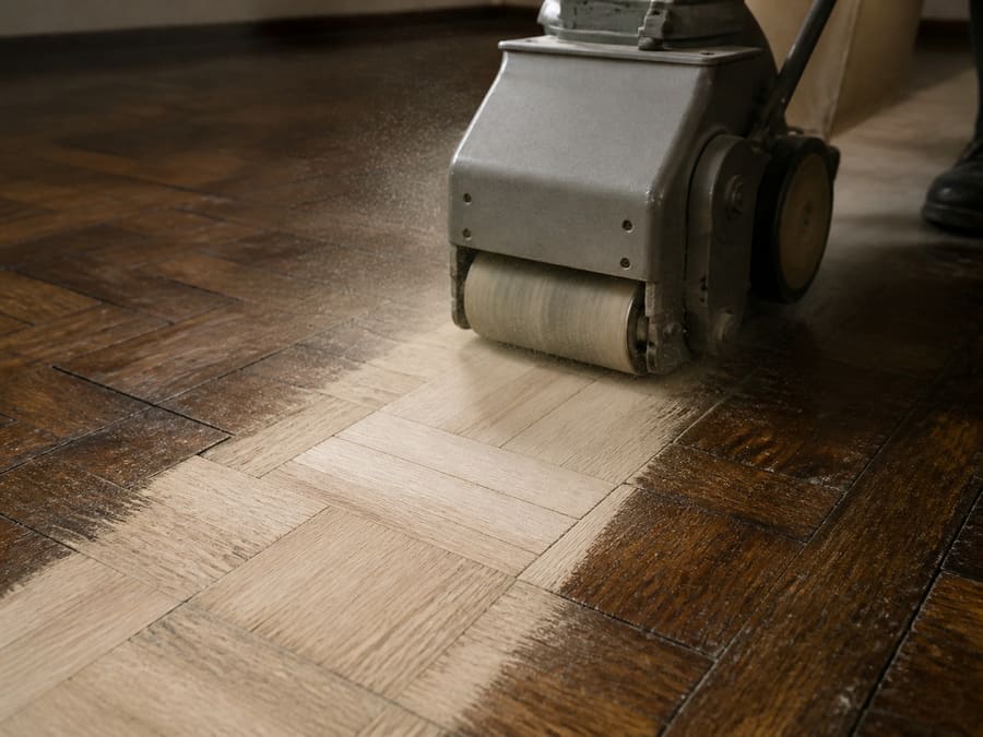 A drum sander cutting a pale first pass across an old parquet floor