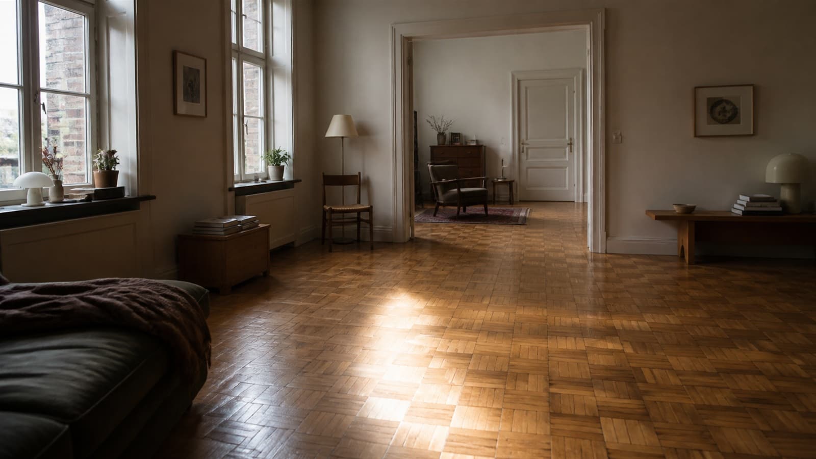 Refinished oak parquet in a basketweave pattern in a sunlit prewar apartment