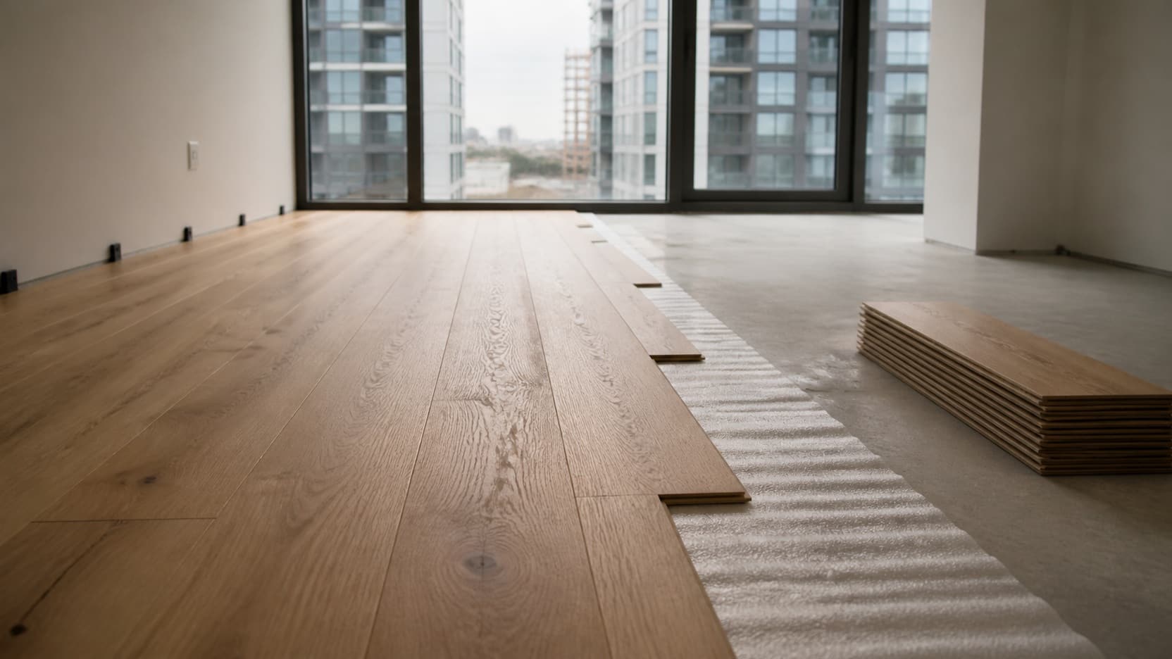 A new engineered oak floor part laid over a bare concrete slab, the last rows still open