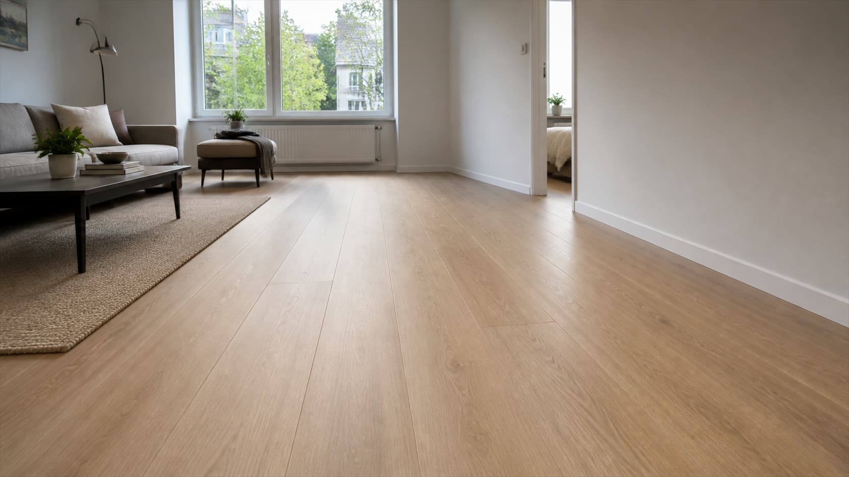 A finished light oak laminate floor running toward a window in a bright apartment