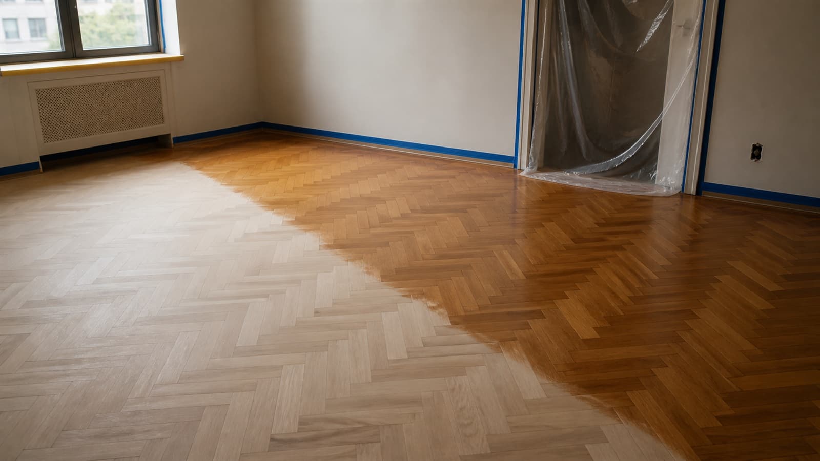 A parquet floor part way through refinishing, the sanded half pale and the coated half warm