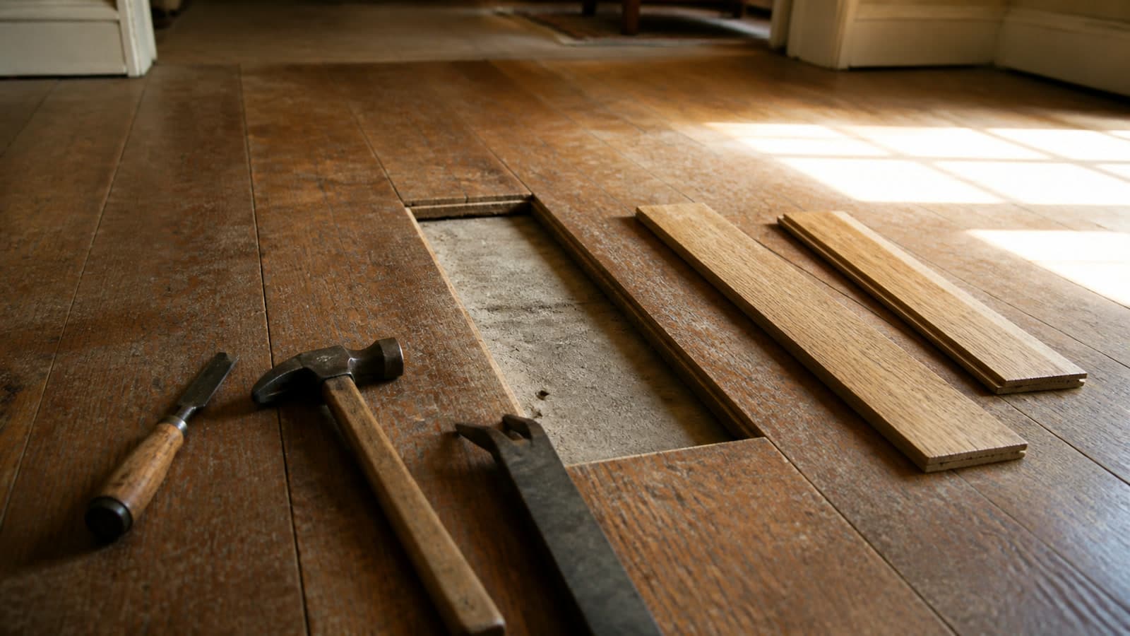 Two damaged boards lifted out of a hardwood floor, replacement boards cut and resting alongside